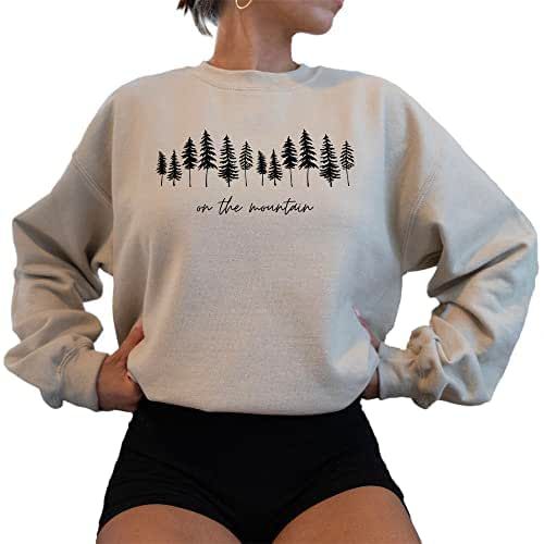 On the mountain wildflowers Camping Tree Women's Long Sleeve Crewneck Sweatshirt flower Print Graphic Shirts Pullover Tops