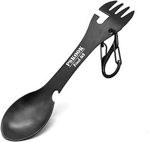 PSKOOK 5-in-1 Utility Tactical Spork, Stainless Steel Spoon & Bottle Opener, Fork & Knife, Can Opener Combo Camping Utensil for Hiking, Camping or Backpacking (Black)