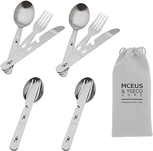 4-in-1 Camping Utensils Hiking Cutlery Set for 4, Portable Stainless Steel Flatware Spoon Fork, Knife & Bottle Opener Combo pack for Picnic Travel, Barbecue, Backpack Outdoor Gear with Carrying Bag