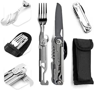 Camping Utensils - 4 In 1 Stainless Steel, Safety Locking Camping Accessories with Durable Sheath - Compact Multi Tool For Camping With Knive, Spoon, Fork, Bottle Opener by Hayvenhurst