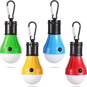 LED Camping Tent Lantern, Portable Outdoor Waterproof Emergency Light Bulb, Battery Powered with Clip Hook, Super Bright, for Hiking, Party,Camping, Fishing, Power Failure (=4 Packs, Multi-Color)