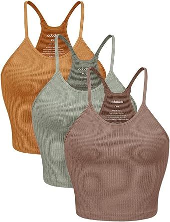 ODODOS Women's Crop 3-Pack Waffle Knit Seamless Camisole Crop Tank Tops
