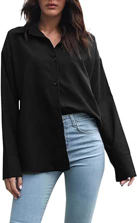 ZJHANHGKK Womens Long Sleeve Shirts Loose Fit Button Down Casual Simple Tunic Cotton Classic Office Work Blouses