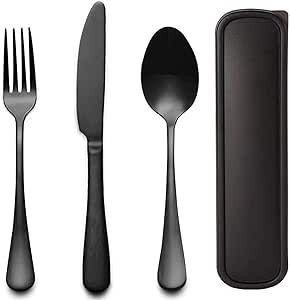Portable Travel Utensils Set with Case 18/8 Stainless Steel Black Silverware Sets Include Knife Fork and Spoon with Case Reusable Flatware Sets for Lunch Box and Camping (Black)