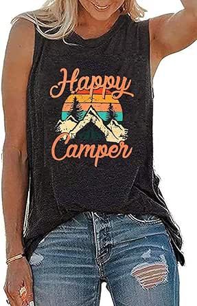 UNIQUEONE Tank Tops for Women Happy Camper Tank Top Sleeveless Graphic Tee Shirts Loose Fit Vest Tees