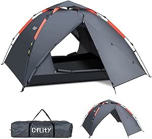 Cflity Camping Tent, 3 Person Instant Pop Up Tent Waterproof Three Layer Automatic Dome Tent, Large Lightweight 4 Seasons Tent, Backpacking Tent with Removable Rain-Fly 2 Extensible Porch for Camping