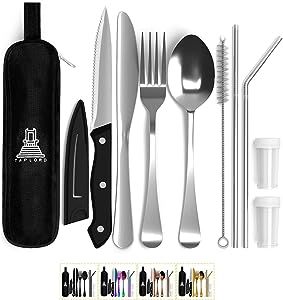 Taplord Portable Travel Silverware Set With Case, Includes 9 Pcs of Travel Utensils With Case, Stainless Steel Flatware Set For Camping, Easy to Travel, Lightweight (Silver)