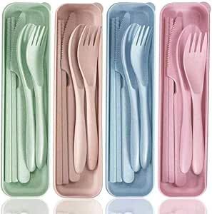 Reusable Utensil Set with Case,Travel Utensil with Chopsticks,Wheat Straw Silverware Including Knife Spoon Fork 4 Sets for Travel Picnic Camping or Daily Use(Green,Beige,Pink,Blue)