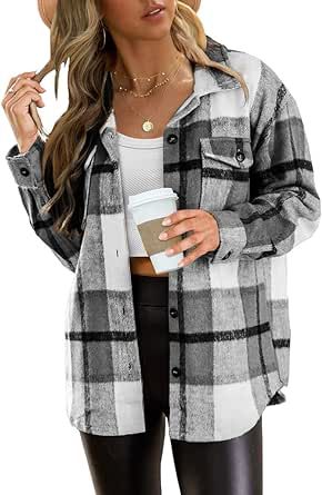 AUTOMET Womens Casual Plaid Shacket Button Down Long Sleeve Shirt