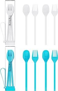 Travel Utensils Set with Case, Reusable Picnic Accessories Fork and Spoon, Cutlery Set Eco-Friendly BPA Free for Kids Adults Travel Picnic Camping Utensils, Home Essentials (Blue+white)