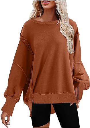 Womens Oversized Casual Slit Y2K Pullover Top Crewneck Long Sleeve Corded Sweatshirts Fall Outfits 2023 Winter Clothes