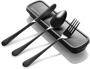 Portable Utensils Set with Case, 4pcs Stainless Steel Reusable Silverware for Lunch Camping School Picnic Workplace Travel, Lunch Box Includ Fork Spoon Knife,Easy to clean,Dishwasher Safe(Black)