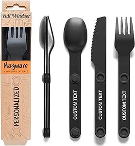 Personalized MAGWARE Magnetic Camping Cutlery Utensils Set - Custom Engraved Portable & Reusable Metal Travel Flatware w/a Case for the Outdoors, Office & Kid's Lunchbox | Knife, Fork, Spoon (3 PCS)