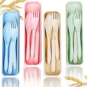 Reusable Travel Utensils Set with Case, 4 Sets Wheat Straw Portable Knife Fork Spoons Tableware, Eco-Friendly BPA Free Cutlery for Kids Adults Travel Picnic Camping Utensils(Green, Beige, Pink, Blue)