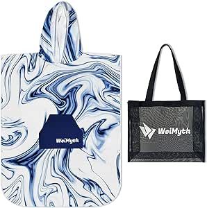 WeiMyth Surf Poncho for Adults Men Women - Oversized Changing Towel with Hood and Front Pocket, Lightweight Quick Dry Microfiber, Sandproof, and Mesh Beach Bag Included (Blue)
