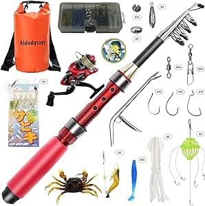 Kid Odyssey Kids Fishing Pole, Professional Kids Fishing Kit with Tackle Box, Spinning Reel, Realistic Lure, Detailed Kids Fishing Book and Durable Bag