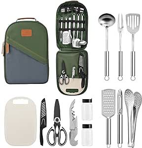 Extremus 13 Pcs Camp Kitchen Cooking Utensil Set Cookware Kit - Travel Organizer Grill Accessories Portable Compact Gear for Backpacking BBQ Camping Travel,Combat Green