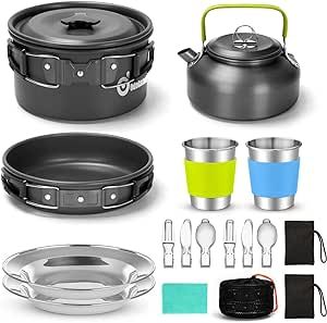 Odoland 15pcs Camping Cookware Mess Kit, Non-Stick Lightweight Pot Pan Kettle Set with Stainless Steel Cups Plates Forks Knives Spoons for Camping, Backpacking, Outdoor Cooking and Picnic