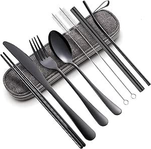 Portable Utensils Set,Reusable Travel Cutlery Set with Case Stainless Steel Flatware Set for Camping 8pcs Including Dinner Knife Fork Spoon Chopsticks Boba Straw (Black)