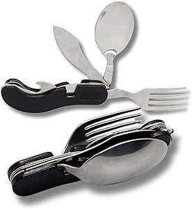 Stainless Steel Camping Cutlery and Kitchen Utensil Set - Prepper Gear and Supplies for Camping Cooking, Silverware, Sporks, Knives, Survival Gear, and Travel Utensils. (Jaguar Black)