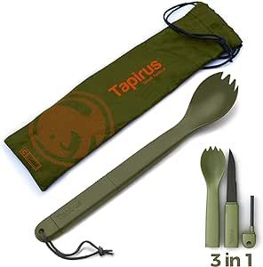 Tapirus Spork Tactical Green | BPA Free Spoon Fork, Stainless Steel Knife and Fire Starter | 3 in 1 multipurpose utensil | Outdoor hiking, camping & backpacking gear | Fit for MRE