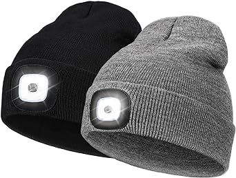 YunTuo 2 Pack LED Beanie with Light, Unisex USB Rechargeable Winter LED Headlamp Beanie Cap, Gifts for Men Husband Women (Black+Grey)