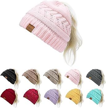 Pukavt 1&2 Pack Winter Hat Ponytail Beanie Hat for Women,Soft Stretch Cable Knit Messy Bun Beeanie,Trendy and Warm
