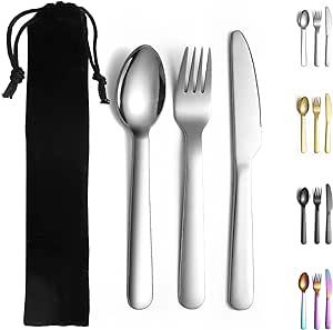 Evanda 3 Piece Portable Silverware Set, Include Knife Fork Spoon, Camping Cutlery Set With Black Bag, For Home Kitchen Camping Travel, Dishwasher Safe