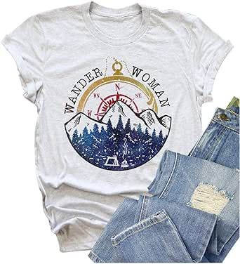 Wander Women Mountain Camping T-Shirt Summer Camping Hiking Vacation Shirts Teen Girls Funny Forest Camper Tees Tops
