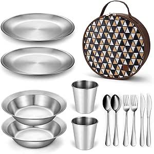Odoland Camping Complete Messware Kit, Polished Stainless Steel Camp Dinnerware, Camping Cooking Tableware, Cutlery Organizer Utensil with Plates and Bowls Set for Backpacking, Hiking, Picnic