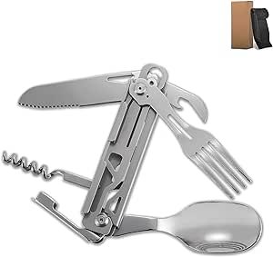 6-in-1 Camping Utensils Detachable Flatware Set,Stainless Steel Knife Fork Spoon Bottle Opener Set,Portable Multitool Camping Folding Cutlery,Lightweight Travel Outdoor Picnic