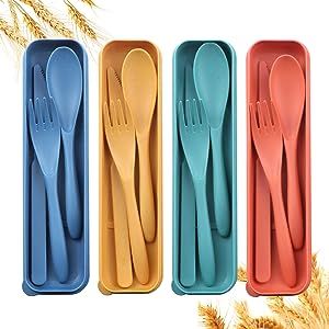 Reusable Travel Utensils Set with Case, 4 Sets Wheat Straw Portable Plastic Fork Spoons Knife Camping Cutlery, Eco-Friendly BPA Free Lunch Tableware Travel Picnic Silverware for Kids Adults Daily Use