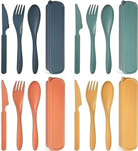 Teivio Reusable Portable Travel Utensils Set, Service for 4, Forks Spoons Knives for Camping Wheat Straw Plastic flatware with Storage Case (Blue/Green/Yellow/Orange)