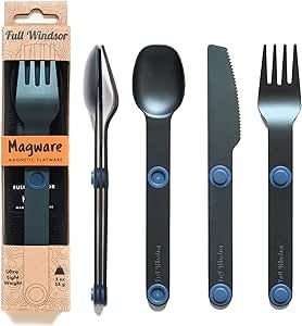 MAGWARE Magnetic Camping Utensils Set - Portable & Reusable Metal Travel Flatware with a Case for Camping, Picnic, Office & Kid's Lunchbox | Camping Cutlery Set | Knife, Fork & Spoon (3 PCS)