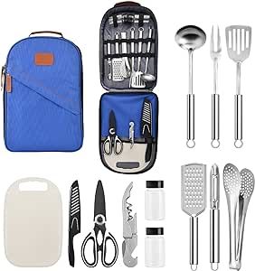 Extremus 13 Pcs Camp Kitchen Cooking Utensil Set Cookware Kit - Travel Organizer Grill Accessories Portable Compact Gear for Backpacking BBQ Camping Travel,Camping Accessories,Blue