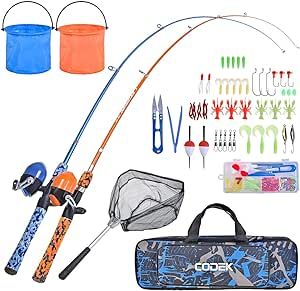CODEK Kids Fishing Pole Set with Full Starter Kits 2 Set Portable Telescopic Fishing Rod and Spincast Reel Cambos with a Fishing Net and 2 Buckets for Boys Girls and Youth