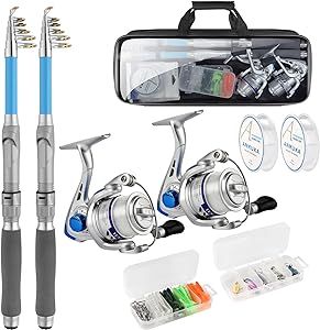 Fishing Rod and Reel Combo,2PCS 2.1M/6.89FT Collapsible Fishing Rod Set with 2PCS Spinning Reels 2 Set of Lures Baits 2PCS 100m Lines and a Carrier Bag,Fishing Pole Kit for Saltwater Freshwater