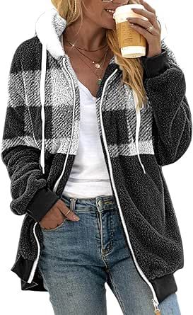 Ollysqiar Winter Coats for Women,2023 Fuzzy Fleece Jacket Hooded Color Block Patchwork Cardigan Coats Outerwear with Pockets