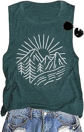 Hiking Mountain Tank Tops for Women Funny Pine Tree Sunrise Graphic Workout Tanks Summer Sleeveless Loose Fit Shirts Tops