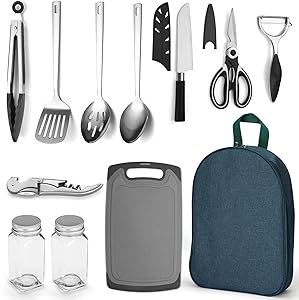 Evanda Camping Kitchen Cooking Utensil Set 10 Piece, Stainless Steel Outdoor Cooking and Grilling Utensil Organizer Travel Set Perfect for Travel, Camping, RVs, BBQs, Picnics, Parties and More