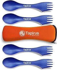 Tapirus 4 Blue Spork to Go Set - Durable and BPA Free Sporks - Spoon, Fork and Knife Combo Utensils Flatware - Mess Kit for Camping, Hunting and Outdoor Activities - Comes in a Carrying Case (Blue)