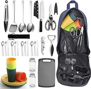 Berglander Camping Essentials, Camping Cooking Utensils Set, Camping Accessories Gear Must Haves, Come with Camping Silverware Sets, Plates and Cups, Great for Outdoor Stove, Picnic, BBQ