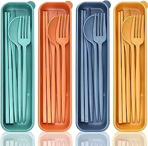 Reusable Travel Utensils with Case, 4 Sets Wheat Straw Portable Cutlery Set Chopsticks Knives Fork and Spoon for Lunch Box Accessories, Camping Flatware Sets for Daily Use or Outdoor