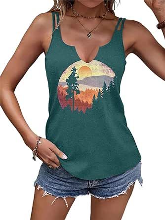 Sunset Tank Tops Women Pine Tree Retro Sun Tank Top Camping Shirts Vintage Graphic Tops Summer Sleeveless Tees
