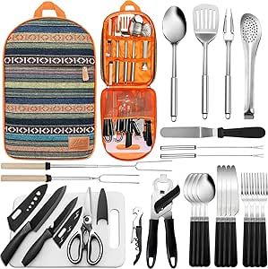 Portable Camping Kitchen Utensil Set-27 Piece Cookware Kit, Stainless Steel Outdoor Cooking and Grilling Utensil Organizer Travel Set Perfect for Travel, Picnics, RVs, Camping, BBQs, Parties and More