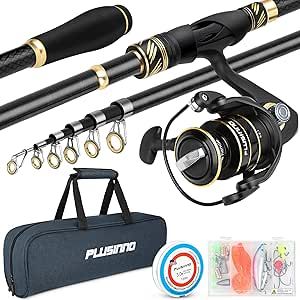 PLUSINNO Fishing Pole, Fishing Rod and Reel Combo,Telescopic Fishing Rod Kit with Spinning Reel, Collapsible Portable Fishing Pole with Carrier Bag for Freshwater Saltwater Fishing Gifts for Men Women