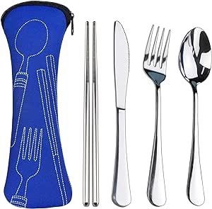 5PCS Portable Silverware Set with Case, Lengnoyp Travel Camping Utensils Set, Premium Stainless Steel Travel Cutlery Set, Reusable Safe Flatware Sets for Lunch Box/Workplace/Students, Silver