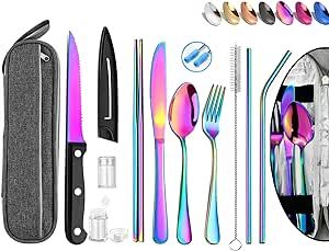 Portable Reusable Travel Utensils Silverware with Case,Travel Camping Cutlery set,Chopsticks and Straw, Flatware Cutlery Set with Case, Stainless steel Travel Utensil set Top (Rainbow)