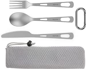 OUTXE Titanium Flatware Knife Fork Spoon Set Lightweight Ti Camping Utility Cutlery Set with Carrying Bag for Traveling Picnic Hiking