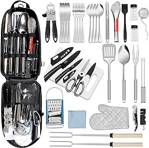 PRETTYFINE 35 Pcs Camping Kitchen Utensil Set Outdoor Kitchen Gear, Outdoor Cooking and Grilling Utensil Travel Set Perfect for Camping Accessories Cooking, RV Camp. Camping, BBQs, Parties and More